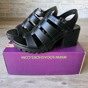 Soda EMI Black Lug Sole Platform Heeled Sandals, Size 8.5